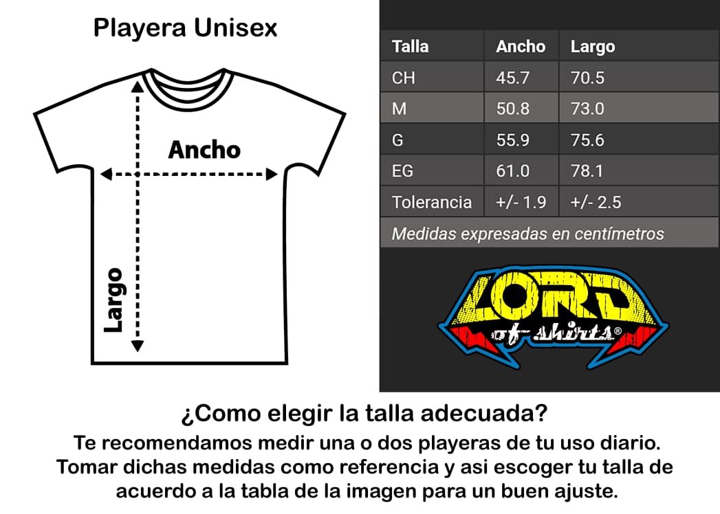 Guia de tallas para playera unisex Lord of Shirts con medidas de ancho y largo en centimetros